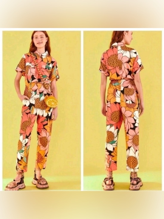 FARM Rio Pants - Farm Rio Sun flower Jumpsuit in Coral & Yellow